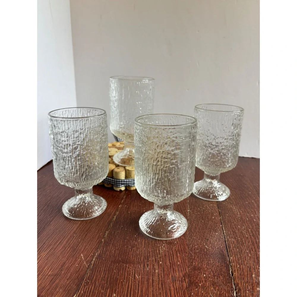 Vintage MCM Textured Bark Glass Goblets Set of 4 Clear Footed Water Wine Glasses